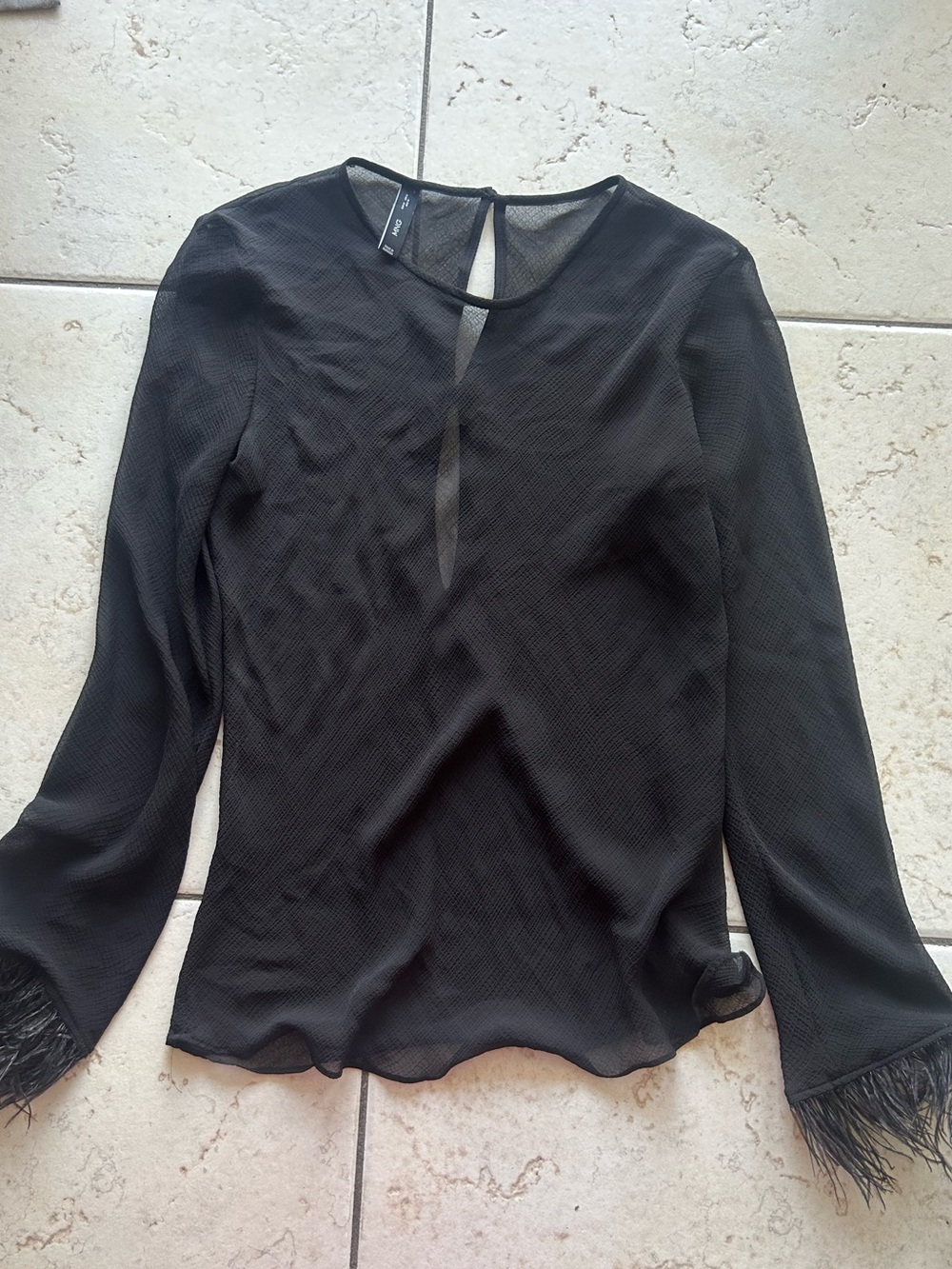 Mango Black Sheer Long-Sleeve Blouse with Feather Cuffs